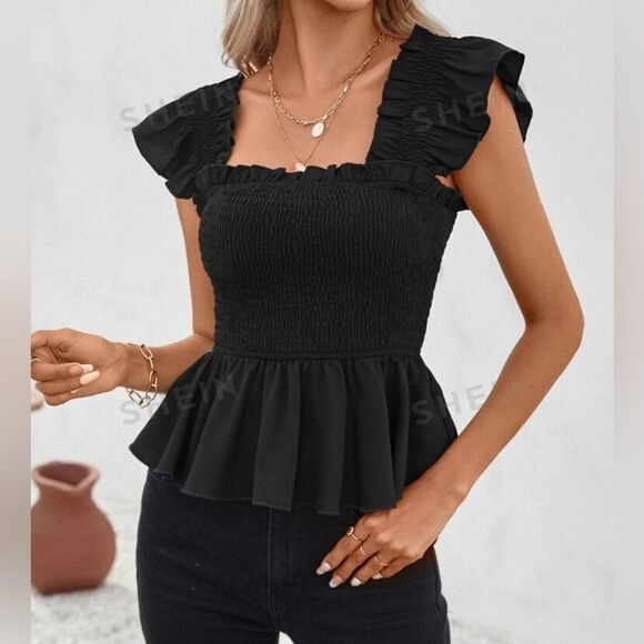 SHEIN lune blouse with ruffles and elastic waist, Black size l y m - Picture 4 of 5